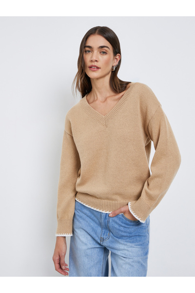 Styli Beige V-Neck Knitted Sweater