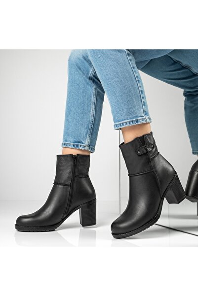 Modlet.ro Women's black leather ankle boots with thick heel and zipper MOD12601