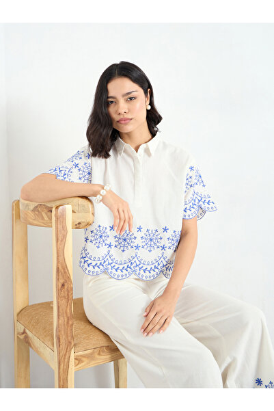 Styli قميص قصير مطرز باللون الأبيض