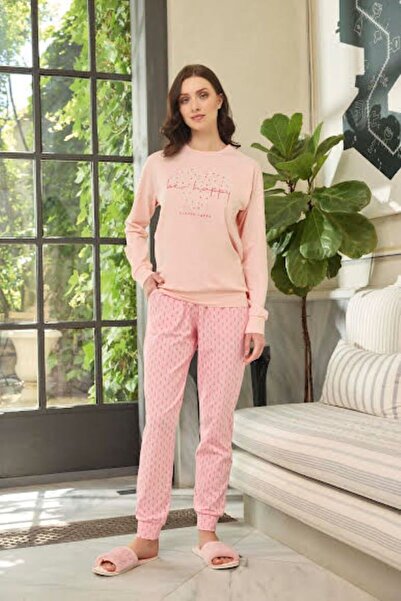 Aydoğan Pink Color Long Sleeve Winter Cotton Women Pajamas Set