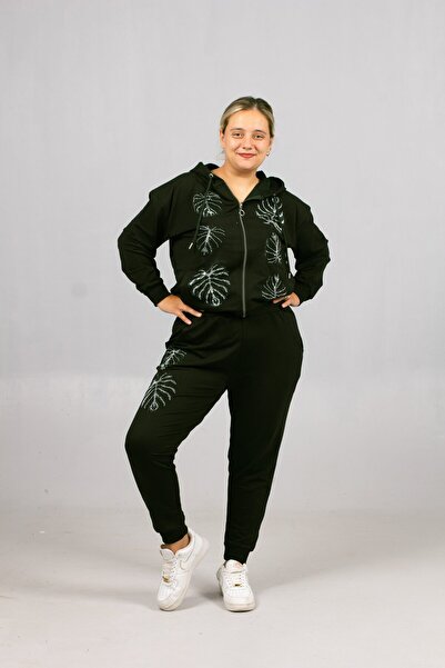 Truva XXL Women's Stone Tracksuit Set |   Sparkling and Comfortable Elegance in Plus Sizes