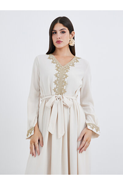 Styli Women Cream Lace Detail V Neck Jalabiya with Fabric Belt
