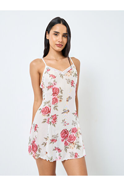 Styli Floral Print Babydoll with Lace Detail