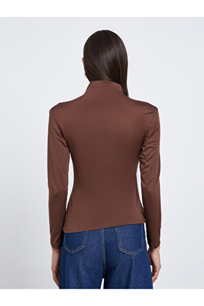 Take Two By Styli Brown High Neck Ruching Detail Long Sleeve Top