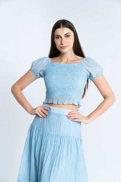 mica Solid Crop Top with Ruffled Puff Sleeves
