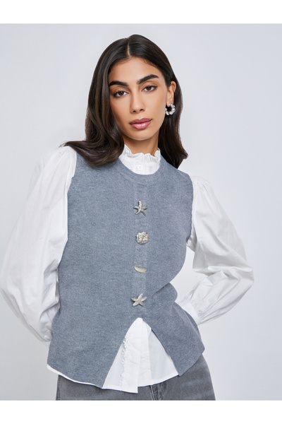 Styli Grey Knit Sleeveless Vest with Metal Accent