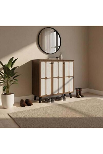 BAITY خزانة أحذية خشبية ماليزية بثلاثة أبواب وأربعة مستويات - بني ورمادي