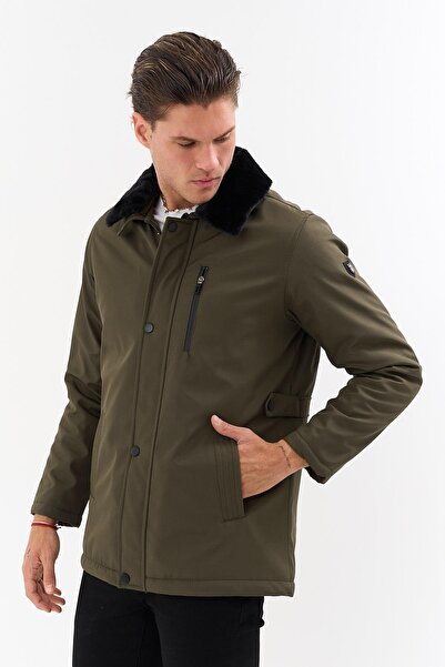 SİVAİST Men's Green Collar Detachable Fur Water-Repellent Fur-Lined Coat – Windproof, Lightweight and Durable