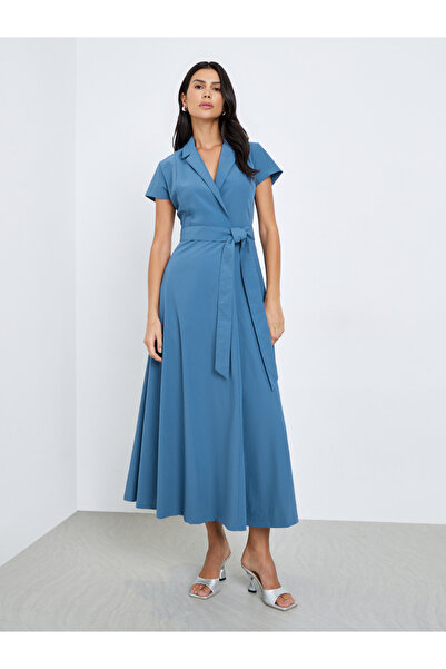 Styli Blue Solid Short Sleeves Wrap Maxi Dress