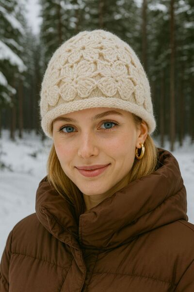 Trend Şapka 14806 Üzeri Çiçek Örgü Detaylı Bej Triko Bere