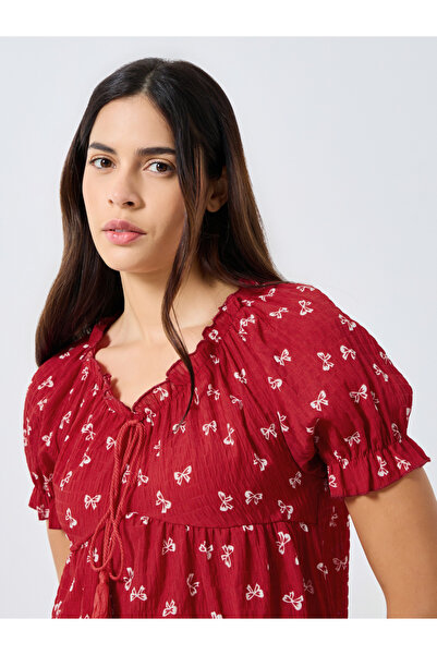 Styli Ribbon Print Tassel Tie Top and Cuffed Pyjama Set