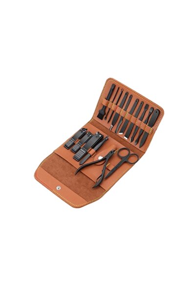 stuffix Manicure and Pedicure Kit, 16 Pieces, Stainless Steel, -Leather Storage Case, Matte Black