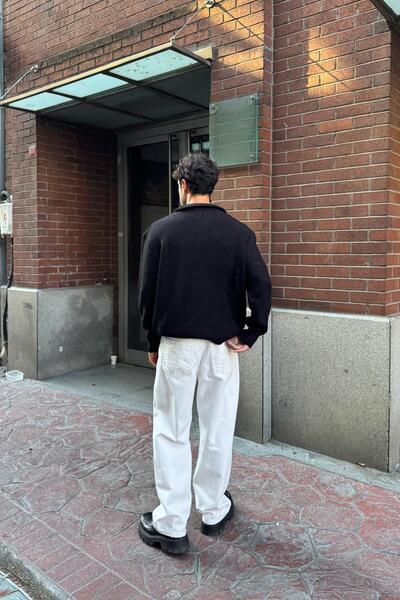 Flaw Wear Μαύρο πλεκτό πουλόβερ με μισό φερμουάρ