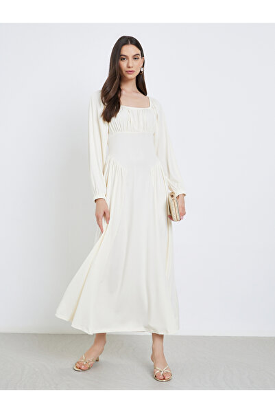 Take Two By Styli Beige Balloon Sleeve A-Line Midi Dress