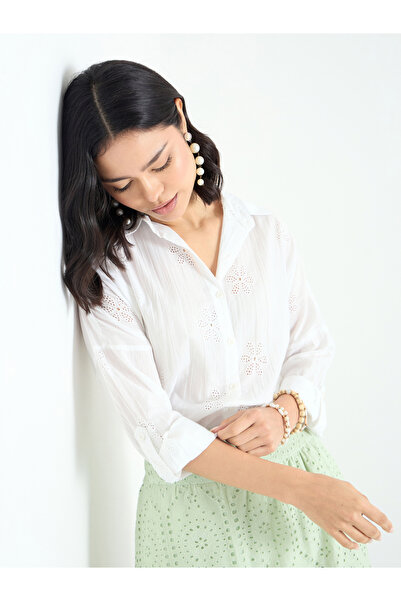 Styli White Broderie Oversized Shirt