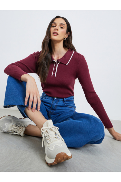 Styli Textured Ribbed Long Sleeve Polo Top