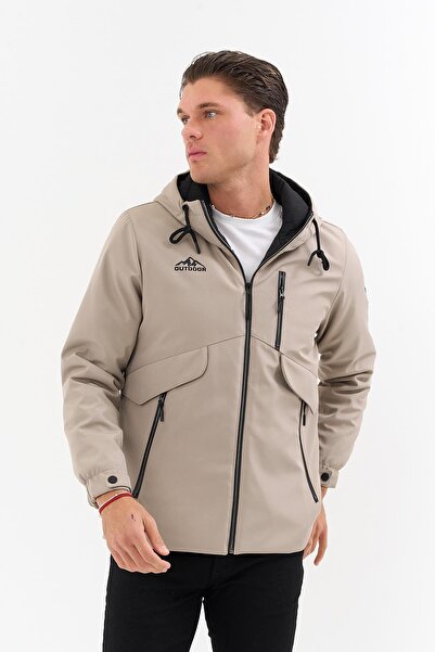 SİVAİST Men's Cream Outdoor Water-Repellent Hooded Coat – Windproof, Lightweight, and Durable