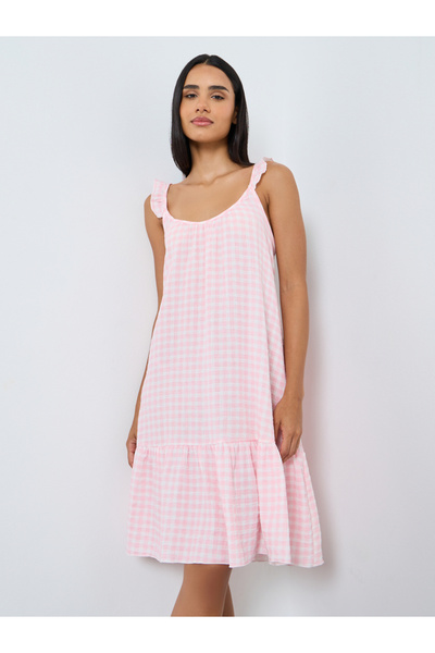 Styli فستان من قماش قطني شاش مربعات مكشكش