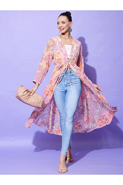 Styli Peach Floral Print Long Sleeve Shrug