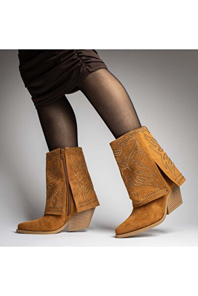 Modlet.ro Ghete cowboy din piele întoarsă maro pentru femei, cu toc bloc și d...