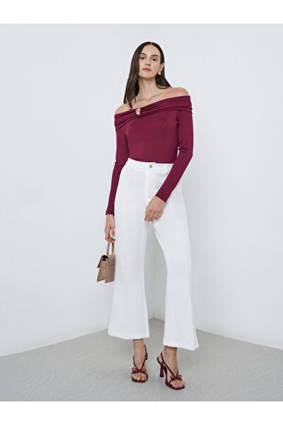 Styli Burgundy Off-Shoulder Long Sleeve Knit Top