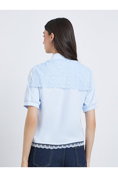 Take Two By Styli Light Blue Lace Trimmed Short Sleeve Shirt