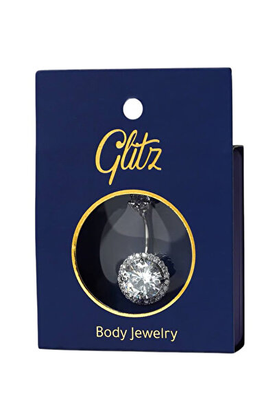 Glitz جليتز حلق بطن فضي بالكريستال دائري
