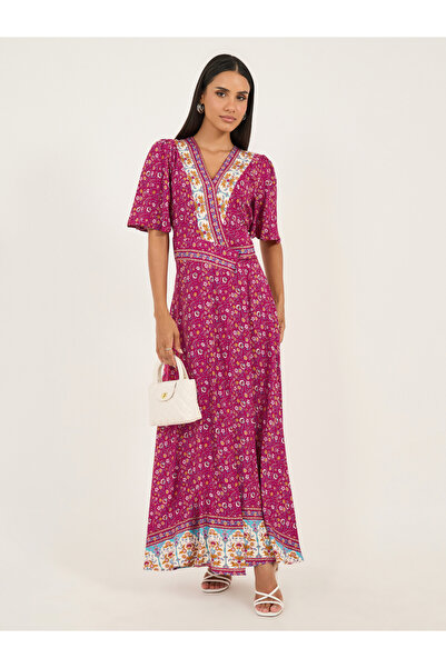 Styli All Over Print V Neck Wrap Maxi Dress