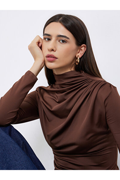 Take Two By Styli Brown High Neck Ruching Detail Long Sleeve Top