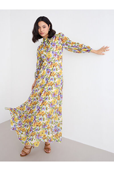 Styli Tie-Up Neck All Over Print Maxi Dress