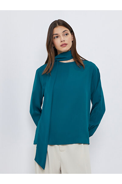Styli Teal Long Sleeve Blouse with Scarf Detail