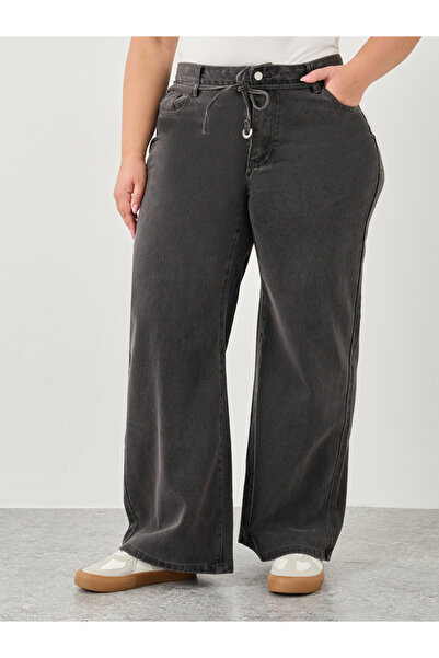 Styli Plus Wide Leg Jeans with Self Tie-Waist