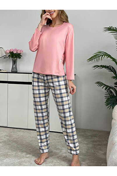 Take Two By Styli Pink Solid T-Shirt and Checked Pyjama Set