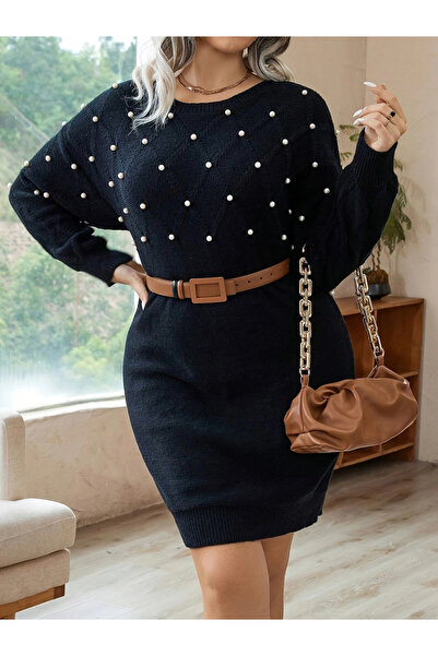 Take Two By Styli Plus Size Faux Pearl Decor Knit Mini Dress