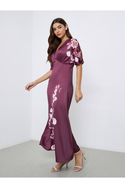 Styli Burgundy Floral Print Maxi Dress