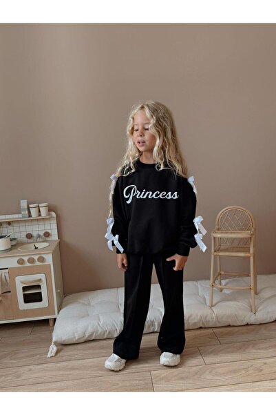 WİKİBOOM Girl's Princess Printed Top and Bottom Long Set Black (5-E)