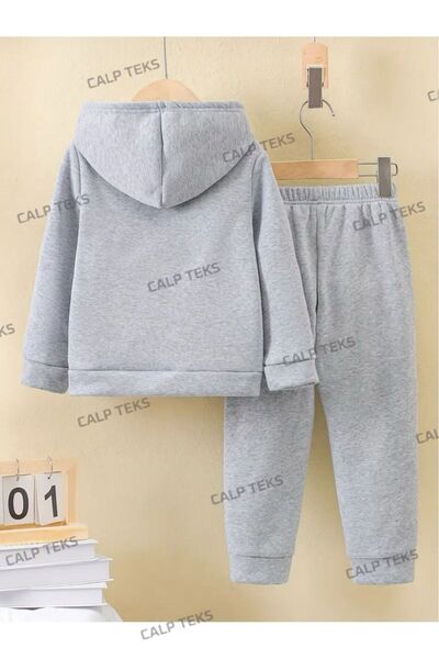 CALP TEKS Calp Tek Pofuduk Ayicik Printed Thick Cotton Hooded Children's Tracksuit Set