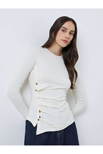 Styli Asymmetric Hem Button Detail Long Sleeve Top
