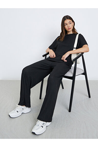 Styli Black Oversized Ribbed T-Shirt and Pants Co-Ords