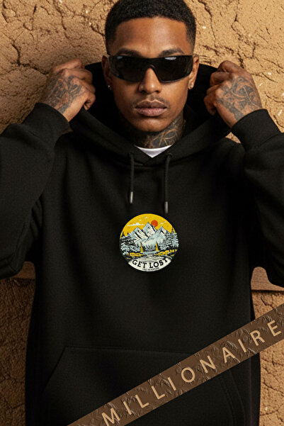 The Arid Mountain Ανδρικό μαύρο φούτερ με κουκούλα Adventure 3 με κουκούλα με τσέπες καγκουρό, oversize, φαρδύ φούτερ