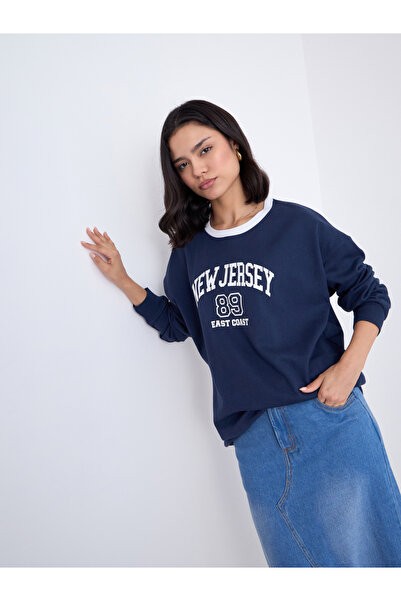 Styli Women Navy New Jersey Print Sweatshirt