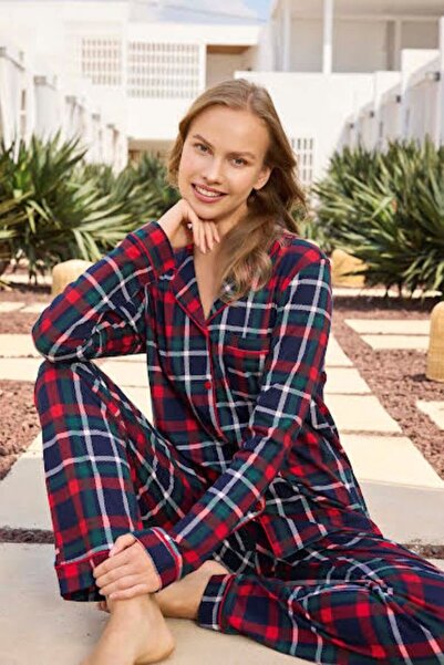 Aydoğan Checkered Front Buttoned Shirt Collar Long Sleeve Winter Women's Pajama Set