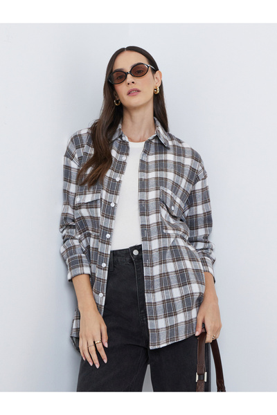 Styli قميص قصة فضفاضة بطبعة مربعات وأزرار