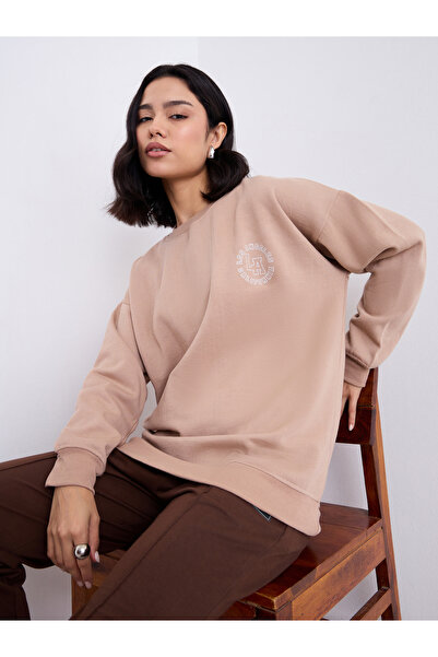 Styli سويت شيرت نسائي طويل قصة فضفاضة كبير باللون البني