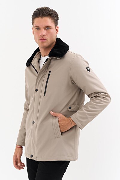 SİVAİST Men's Cream Collar Detachable Fur Water-Repellent Fur-Lined Coat – Windproof, Lightweight, and Durable