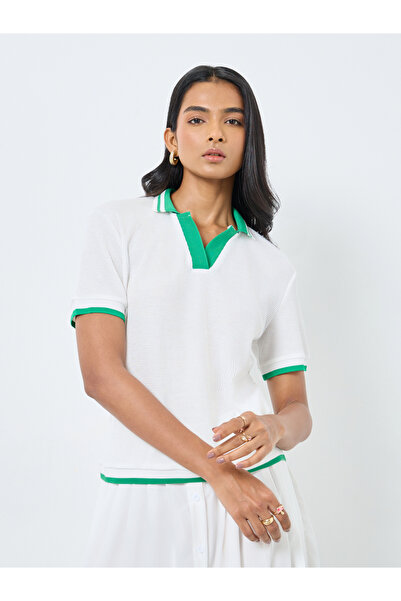 Take Two By Styli Women White Polo Top with Green Trim