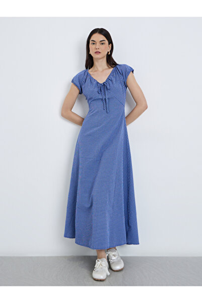 Take Two By Styli Checked Print Tie Up Neck Midi Dress