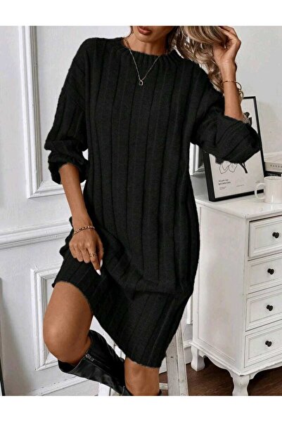 Bracha Велосипедна рокля с широка ребрана яка, дълъг ръкав и плетени детайли под коляното