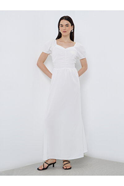 Take Two By Styli Solid Puff Sleeve Sweetheart Neck Midi Dress