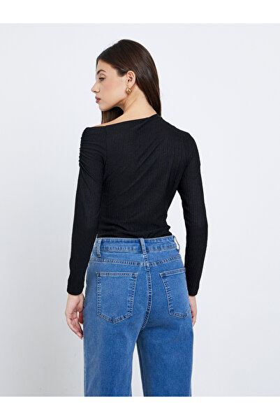 Styli Black Textured One-Shoulder Bodysuit